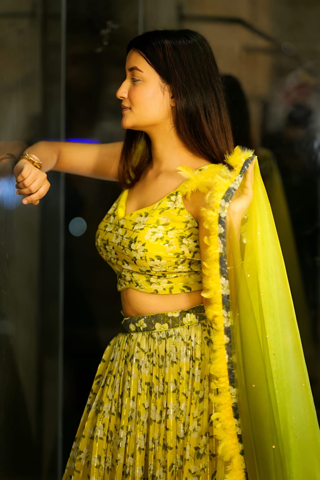 Raqs-e-Noor - Olive Green Floral Printed Lehenga