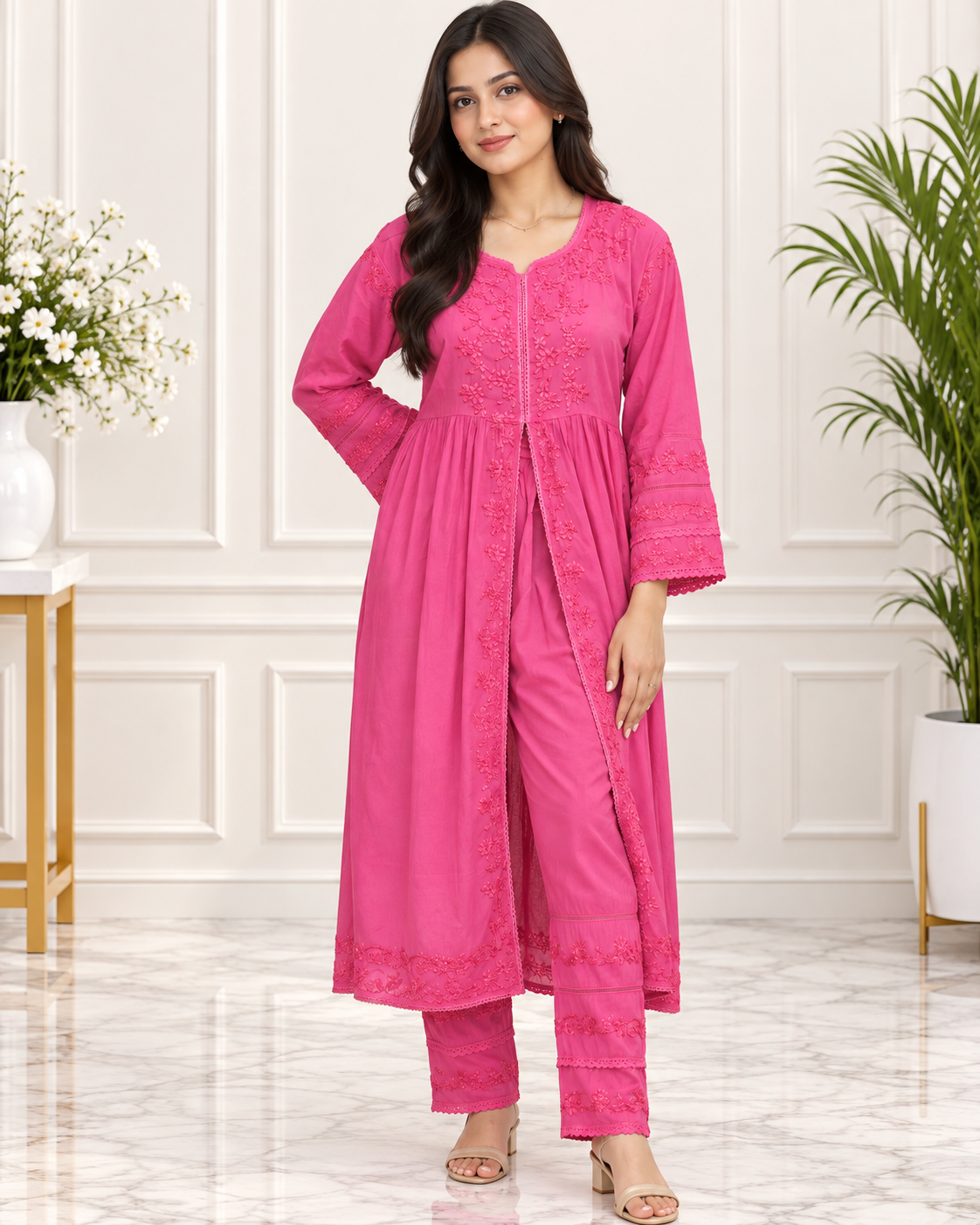 Noor-e-Lucknow - Lime Flowy Embroidered Chikankari Anarkali Set
