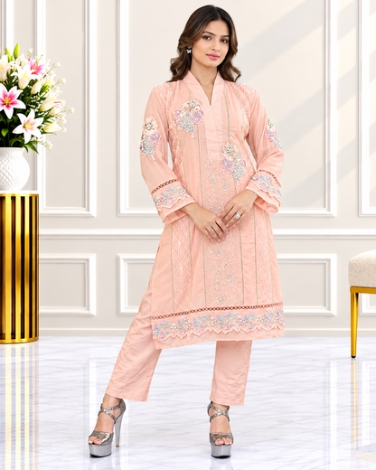 Zahra-E-Noor : Shawl Collar Sequin Embroidered Pakistani Suit