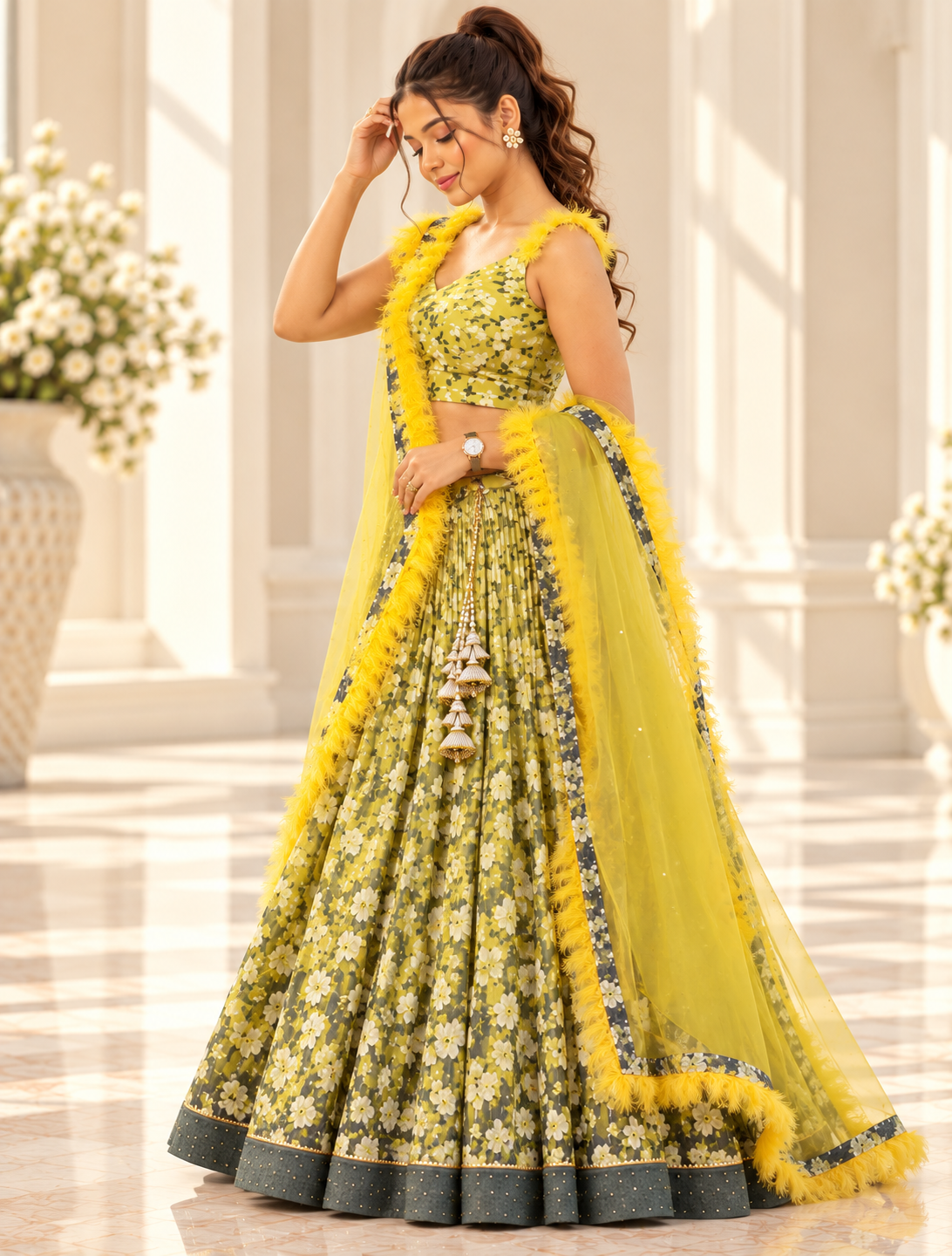 Raqs-e-Noor - Olive Green Floral Printed Lehenga