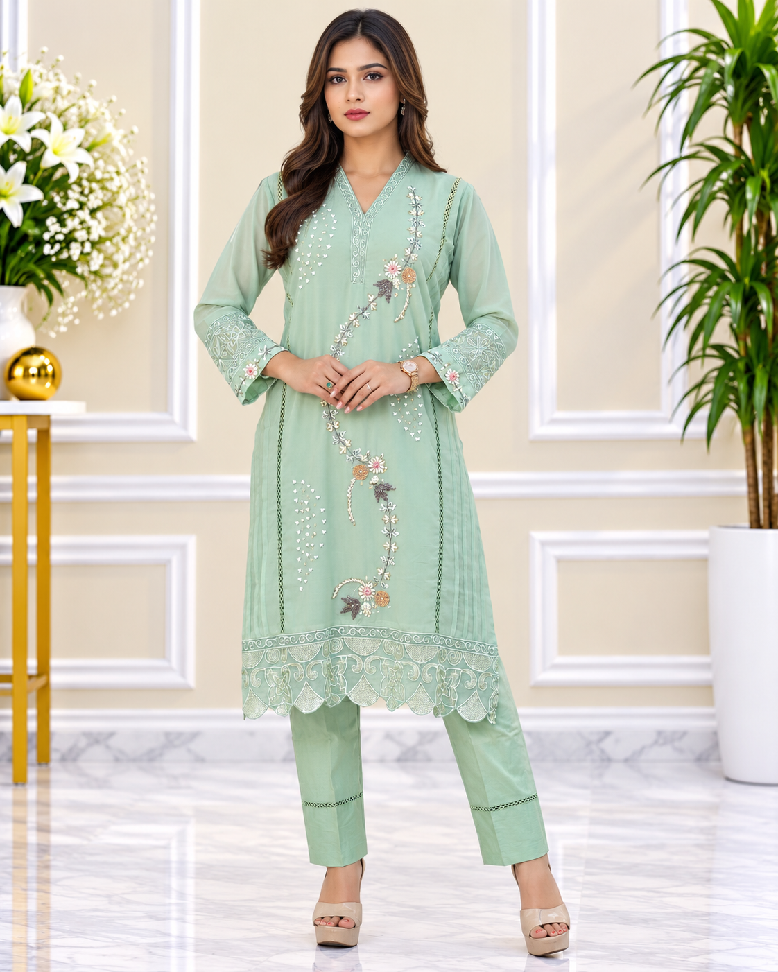 Zahra-E-Noor - Sage Green Suit with Floral Watercolor Dupatta