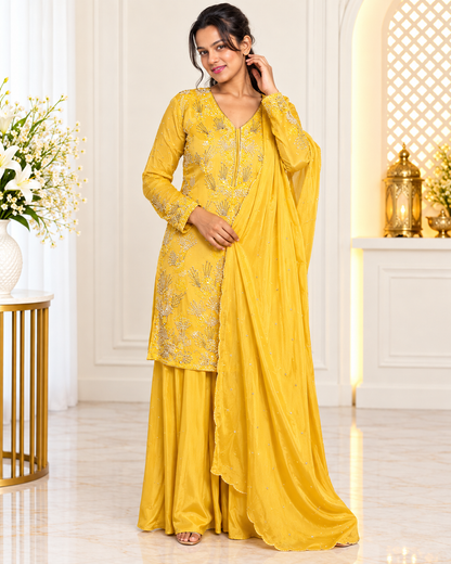 Noor-e-Mehfil - Yellow Feather Embroidered Sharara Suit