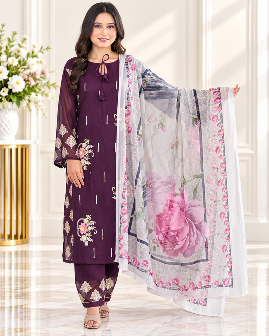 Zahra - e- Noor - Embroidered Suit with Floral Organza Dupatta