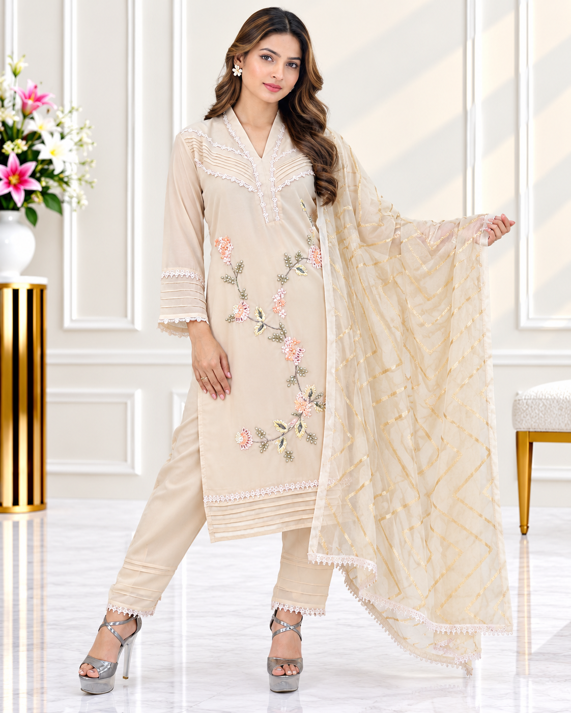 Zahra-E-Noor - Flower Embroided Collar Neck Siot