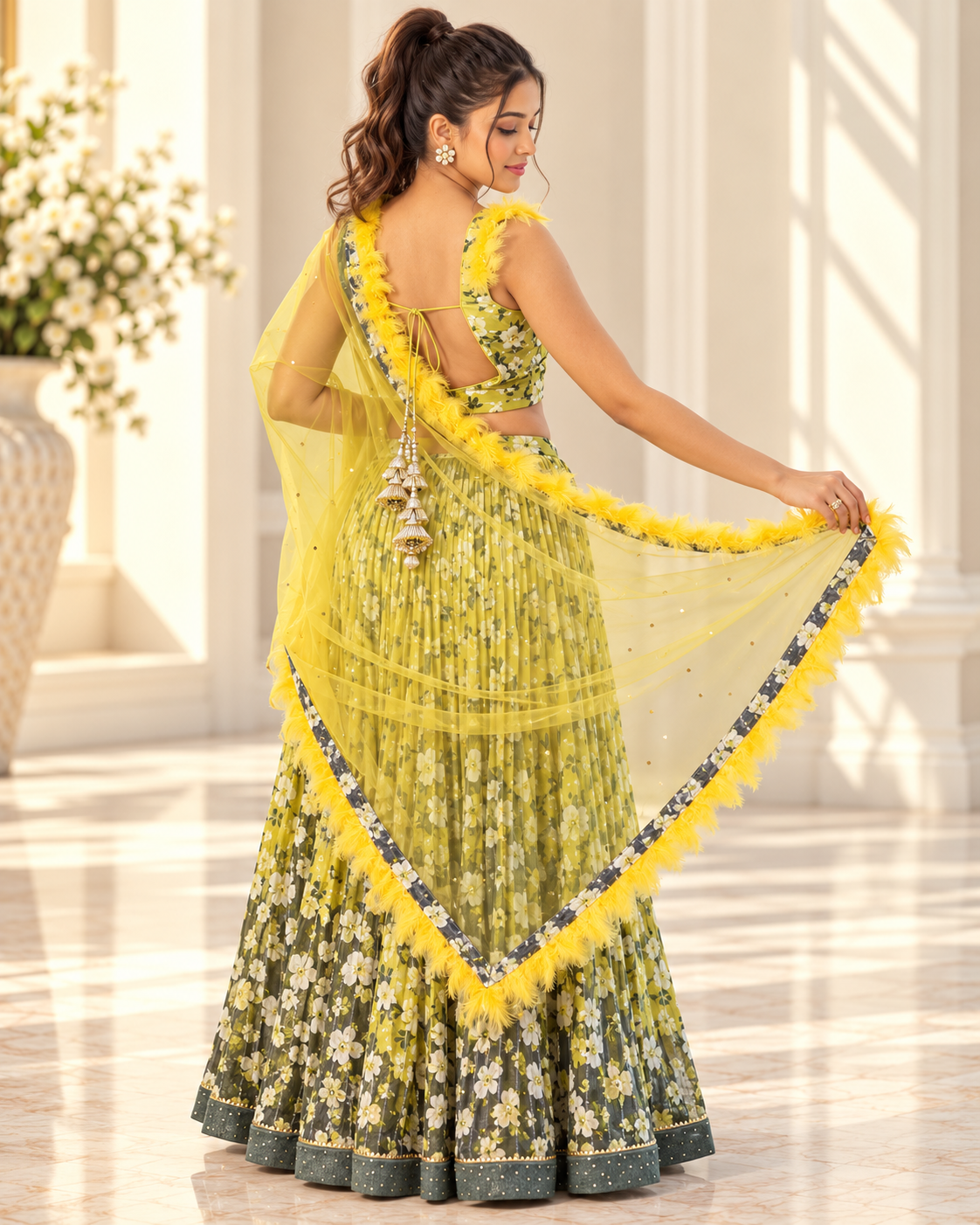 Raqs-e-Noor - Olive Green Floral Printed Lehenga