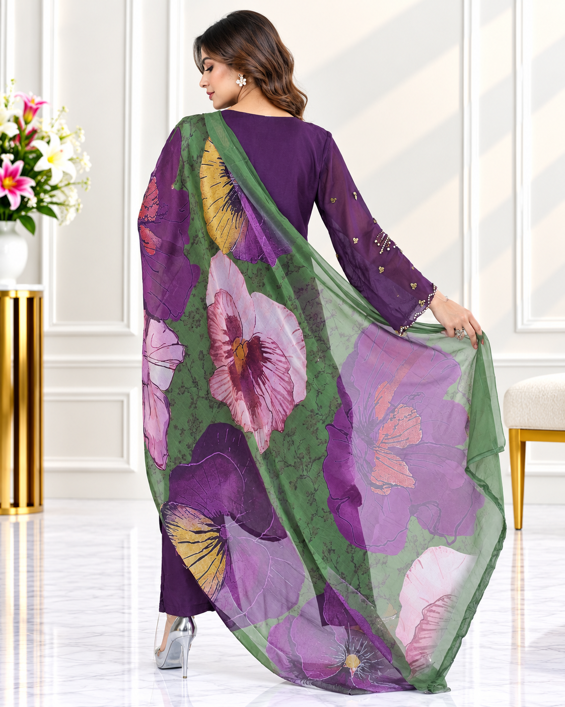 Zahra -e- Noor : Gold Embroidered Suit with Watercolor Dupatta
