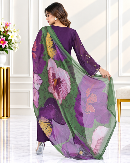 Zahra -e- Noor : Gold Embroidered Suit with Watercolor Dupatta
