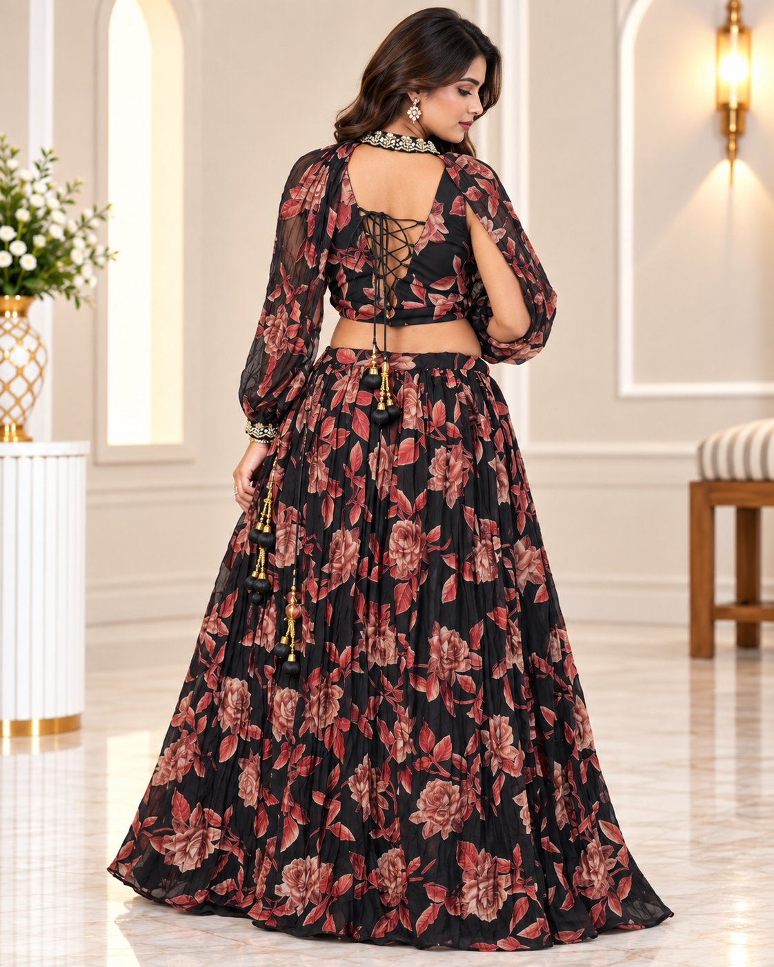 Raqs-e-Noor - Floral Printed Lehenga Set with Cape Sleeves