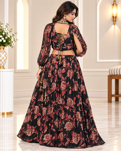 Raqs-e-Noor - Floral Printed Lehenga Set with Cape Sleeves