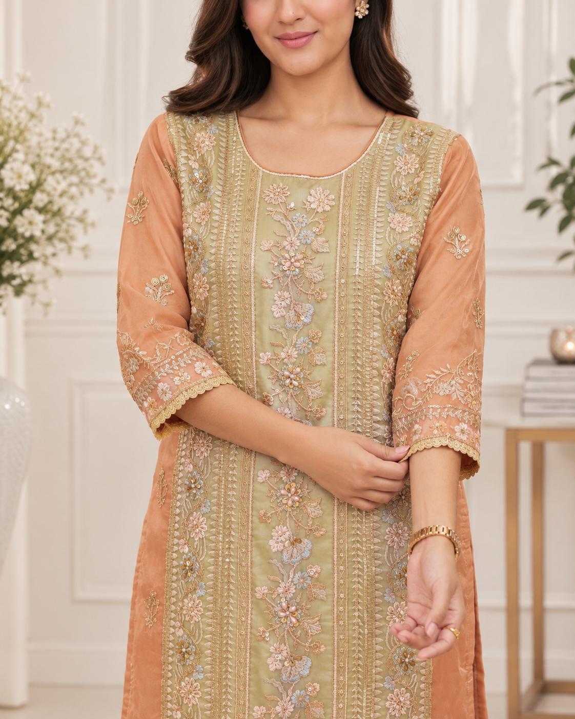Zahra-E-Noor : Terracotta & Sage Colorblock Embroidered Suit