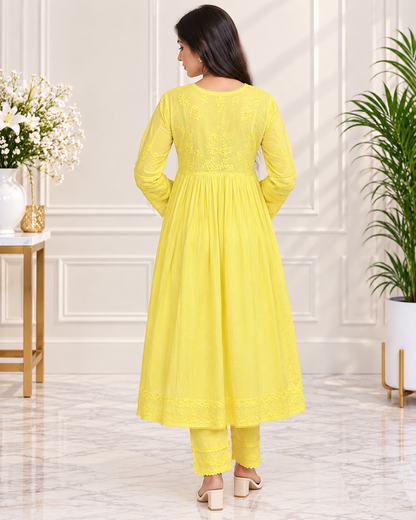 Noor-e-Lucknow - Lime Flowy Embroidered Chikankari Anarkali Set