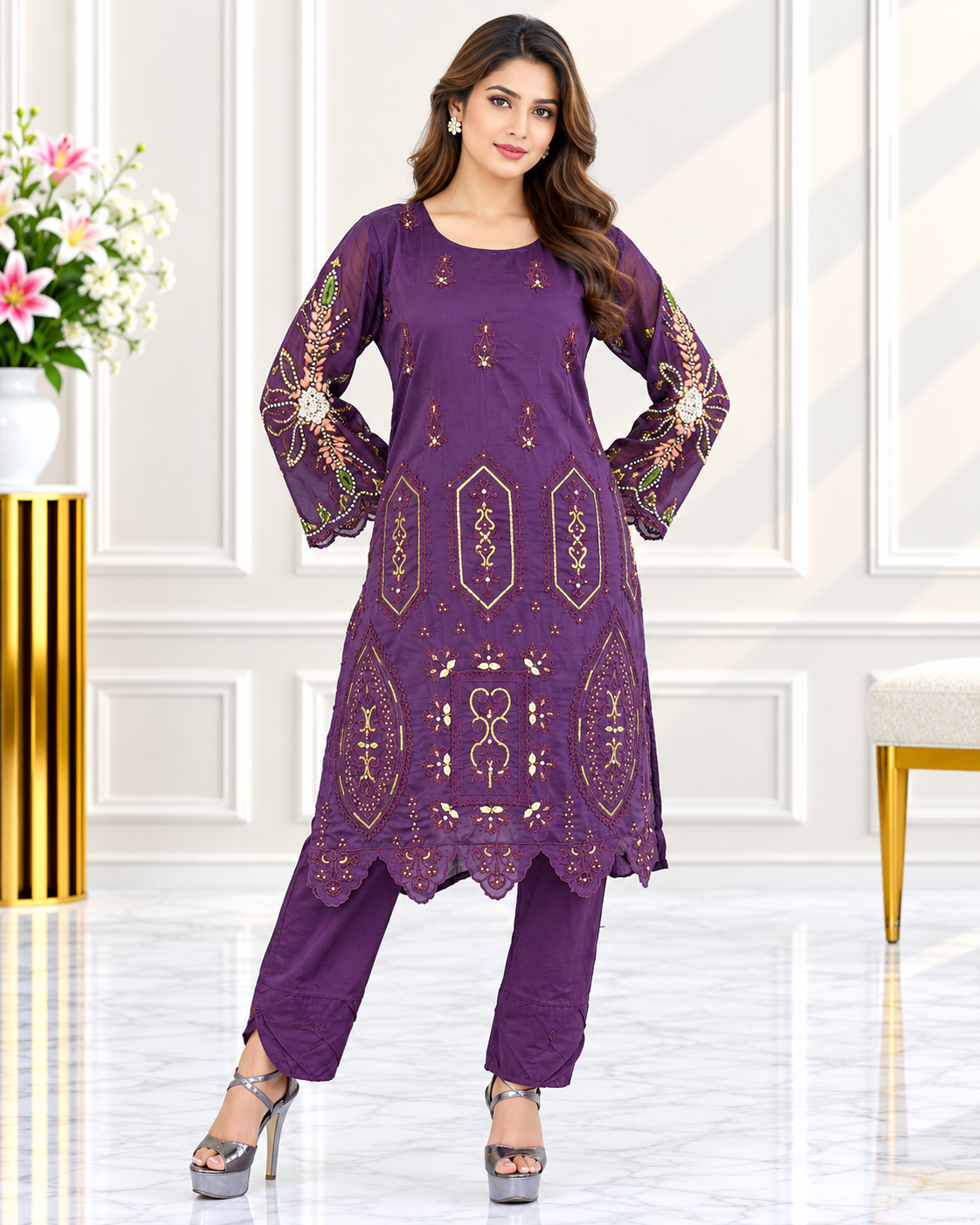 Zahra -e- Noor : Gold Embroidered Suit with Watercolor Dupatta