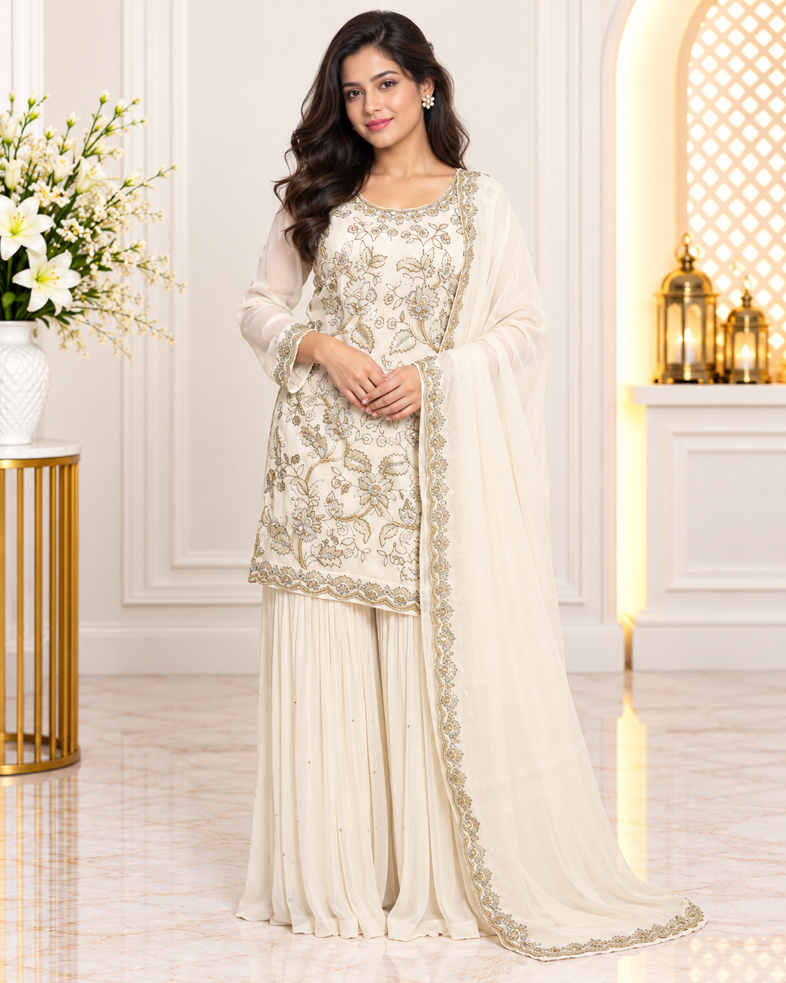 Noor-e-Mehfil - White Embroidered Sharara Suit