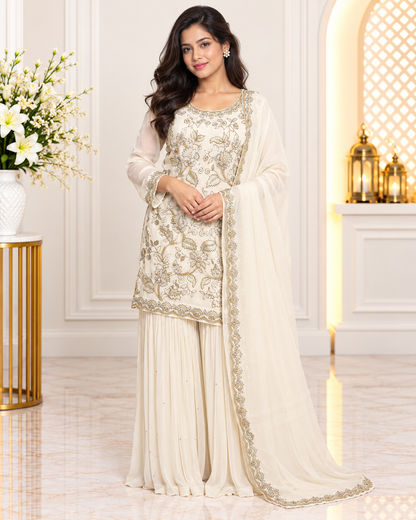 Noor-e-Mehfil - White Embroidered Sharara Suit