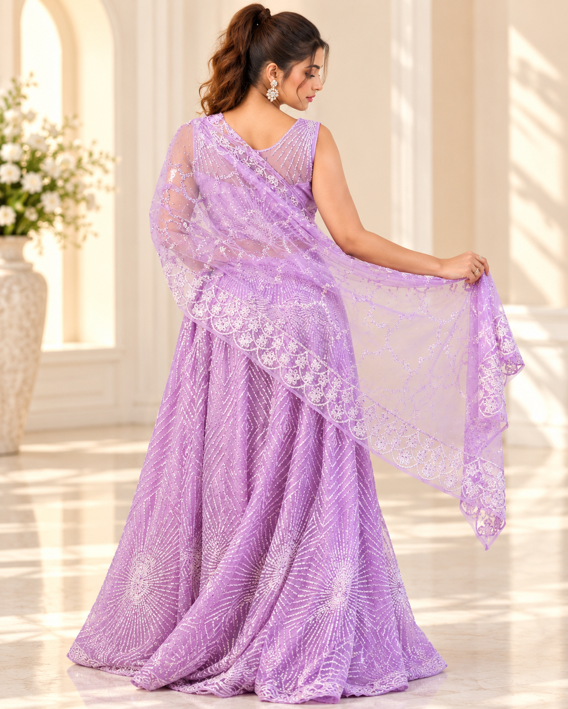 Raqs-e-Noor - Blush Lilac Embroidered Lehenga with Net Dupatta