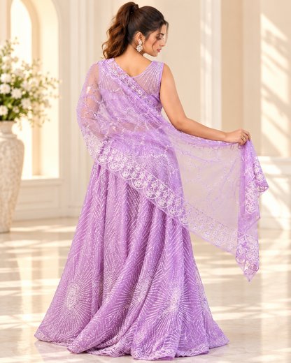 Raqs-e-Noor - Blush Lilac Embroidered Lehenga with Net Dupatta