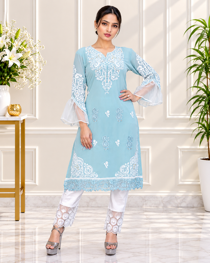 Zahra-E-Noor - Ice Blue Cutwork Lattice Pakistani Suit