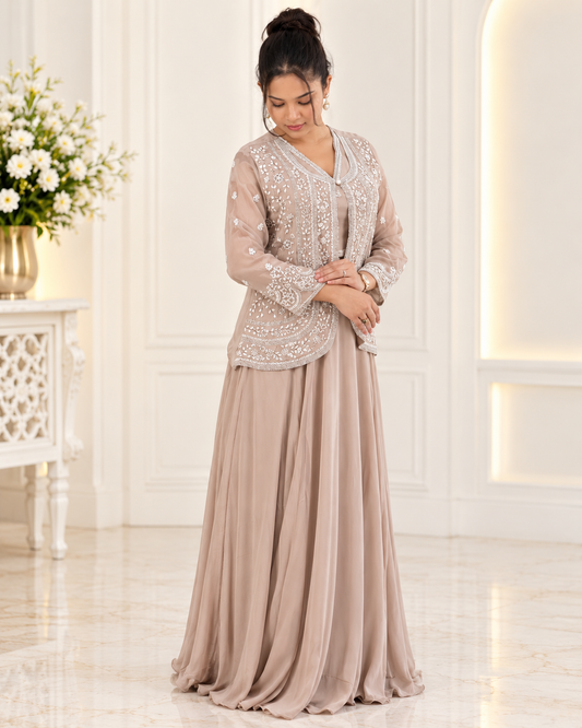 Raqs-e-Noor - Rosewood Embroidered Jacket Lehenga