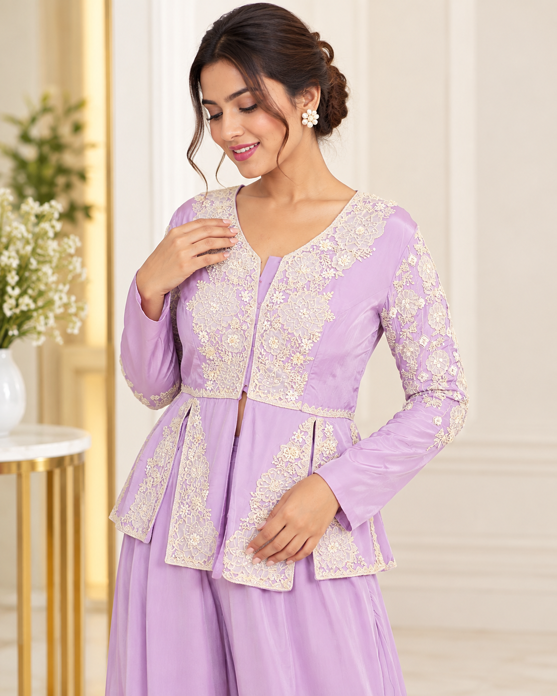 Meher-e-Noor - Embroidered Indo-Western Plazzo Set
