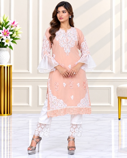 Zahra-E-Noor : Peach Blossom Embroidered Bell-Sleeve Suit