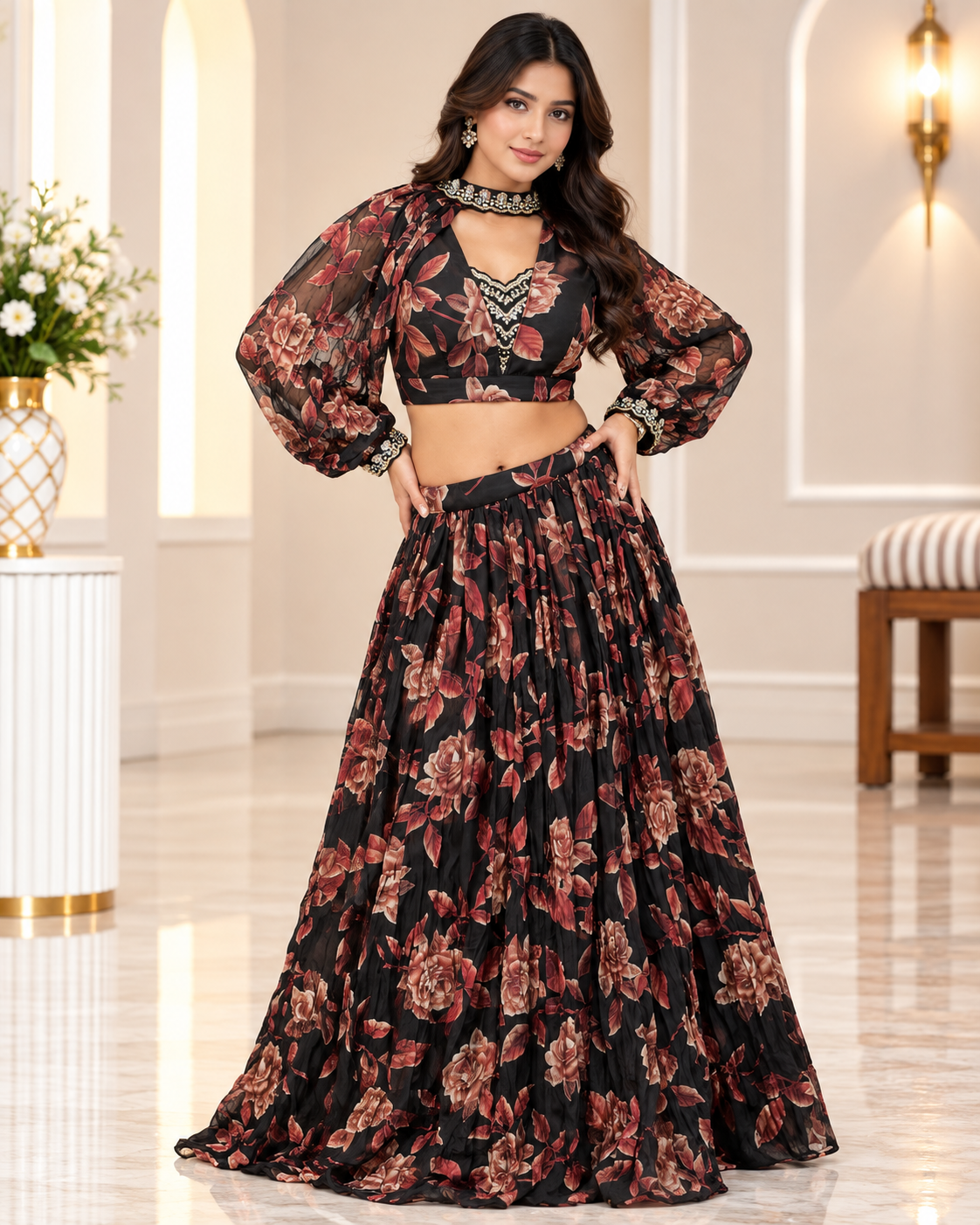 Raqs-e-Noor - Floral Printed Lehenga Set with Cape Sleeves