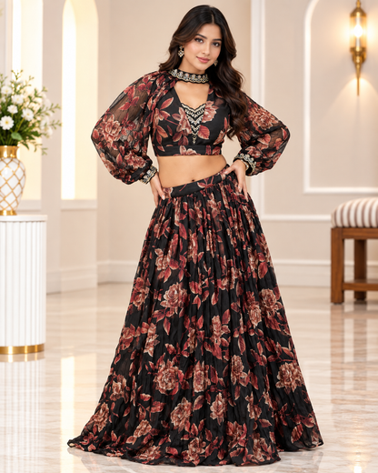 Raqs-e-Noor - Floral Printed Lehenga Set with Cape Sleeves