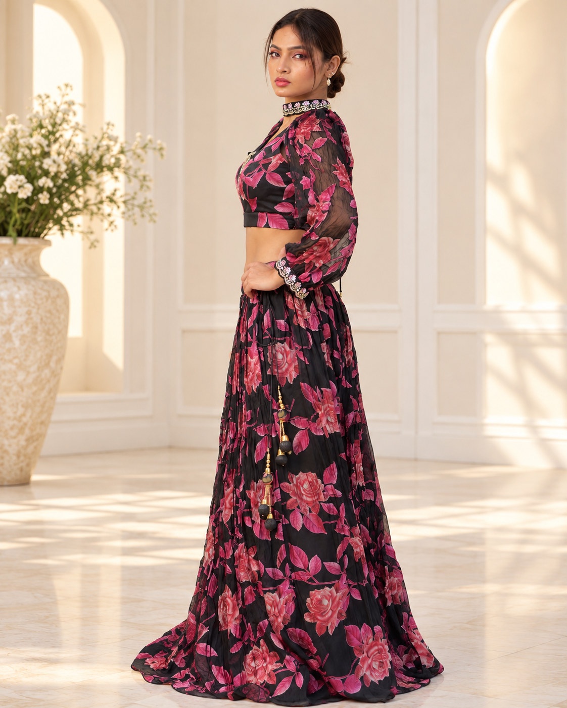 Raqs-e-Noor - Floral Printed Lehenga Set with Cape Sleeves
