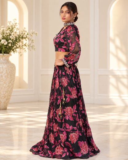 Raqs-e-Noor - Floral Printed Lehenga Set with Cape Sleeves