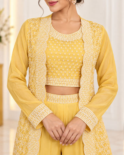 Noor-e-Mehfil -  3 Piece Crop Top with Shrug Sharara Suit