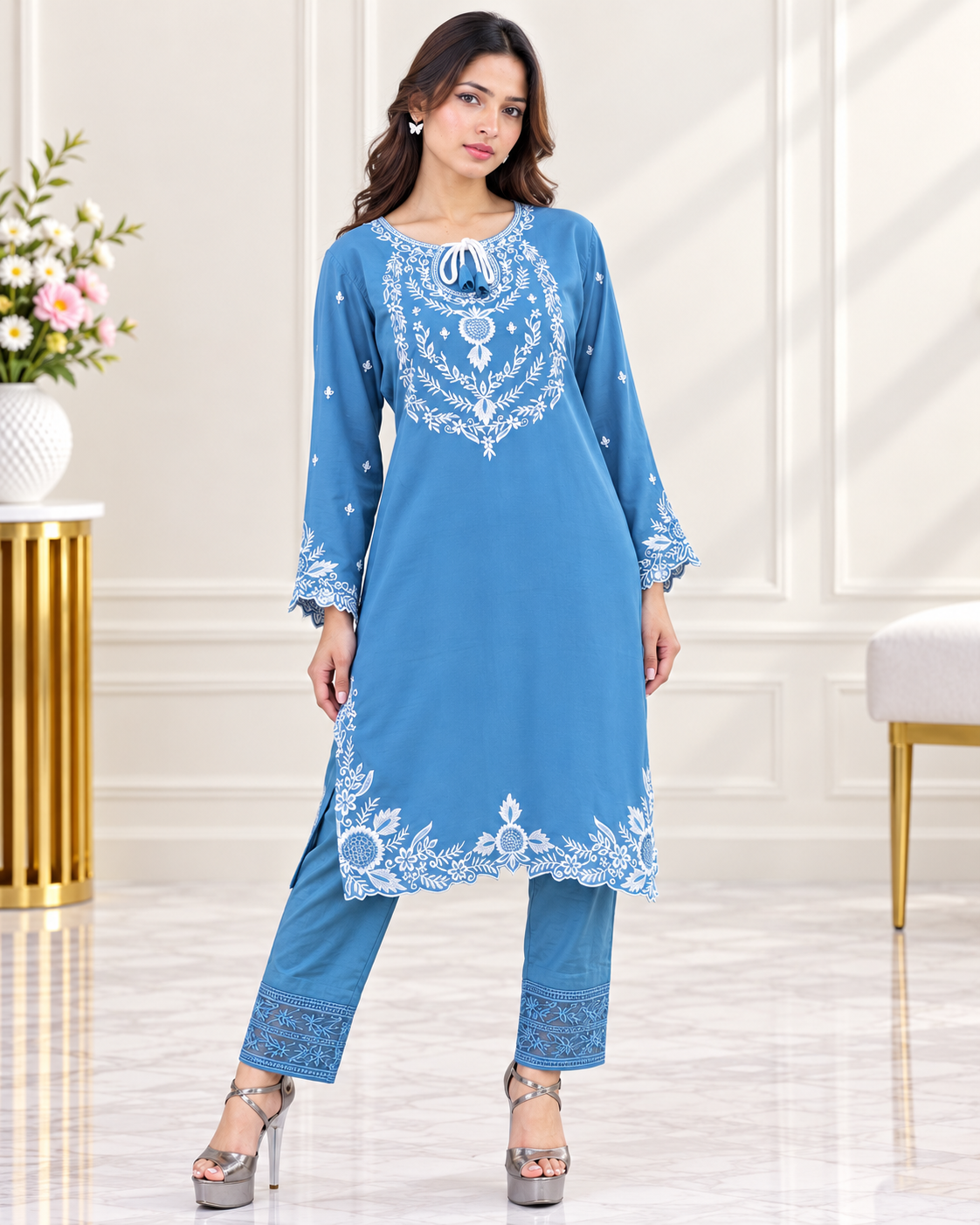 Zahra-E-Noor : Threadwork Embroidered 3-Piece Suit