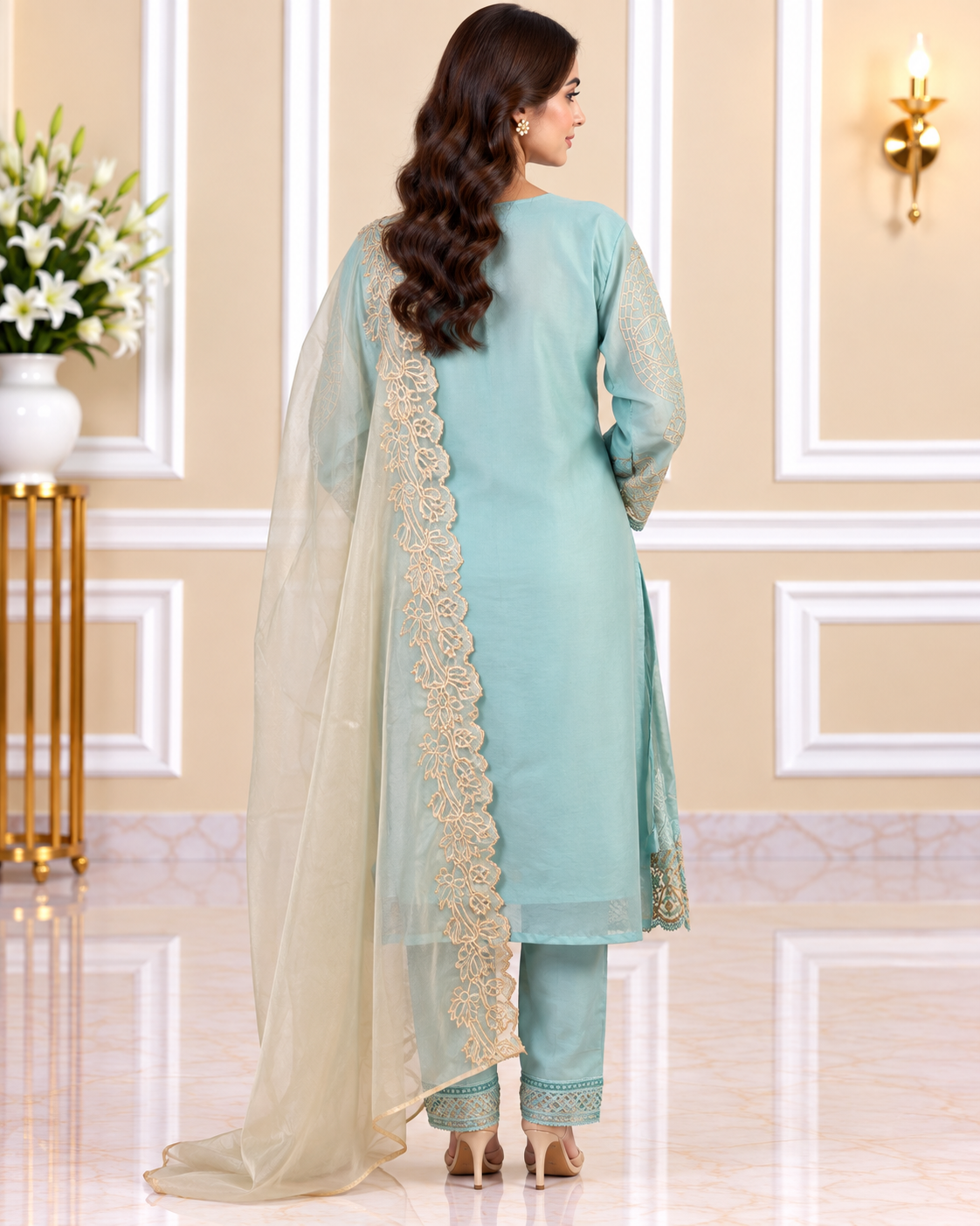 Zahra-E-Noor : Turquoise Ornate Embroidered Pakistani Suit