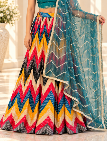 Raqs-e-Noor - Multicolor Lehenga & Embroidered Dupatta