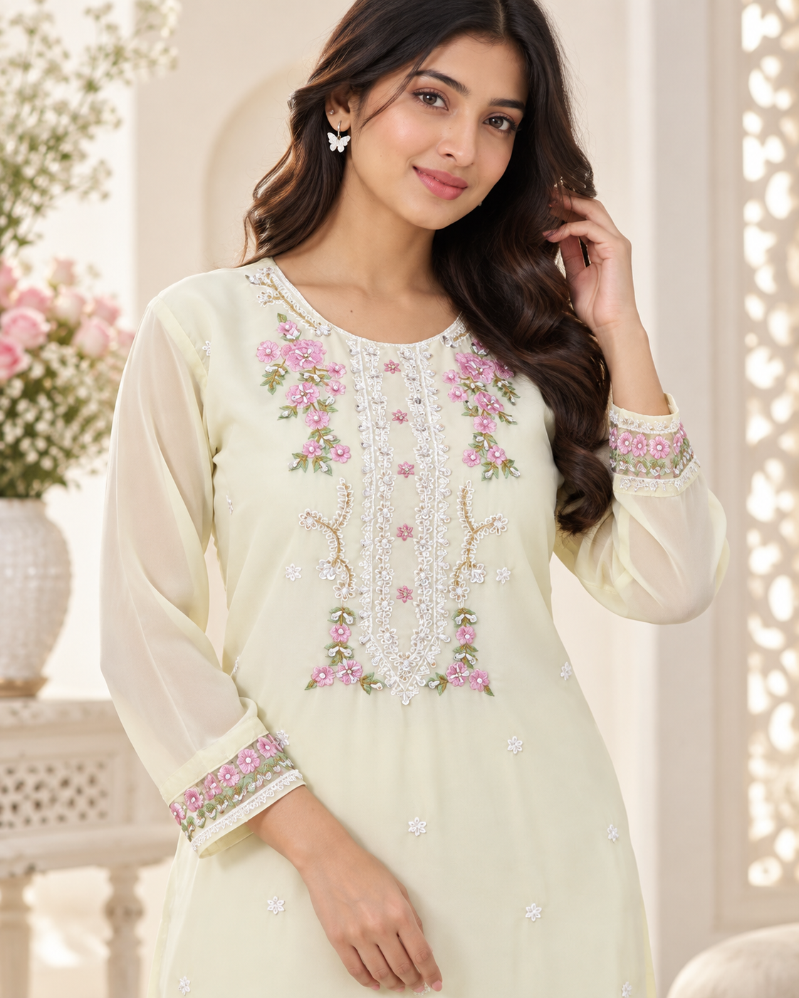 Zahra-E-Noor - Pale Yellow Embroidered Suit with Lace Dupatta