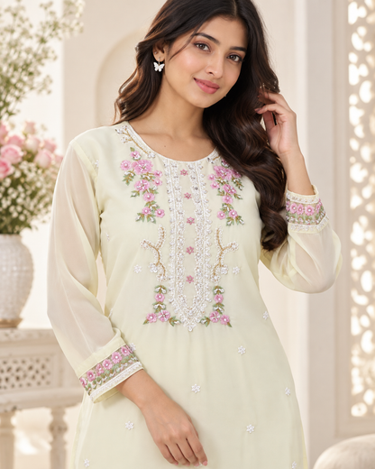 Zahra-E-Noor - Pale Yellow Embroidered Suit with Lace Dupatta