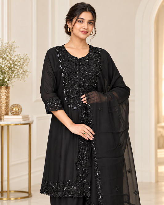 Zahra-E-Noor : Black Pearl Embroidered Suit Set with Dupatta