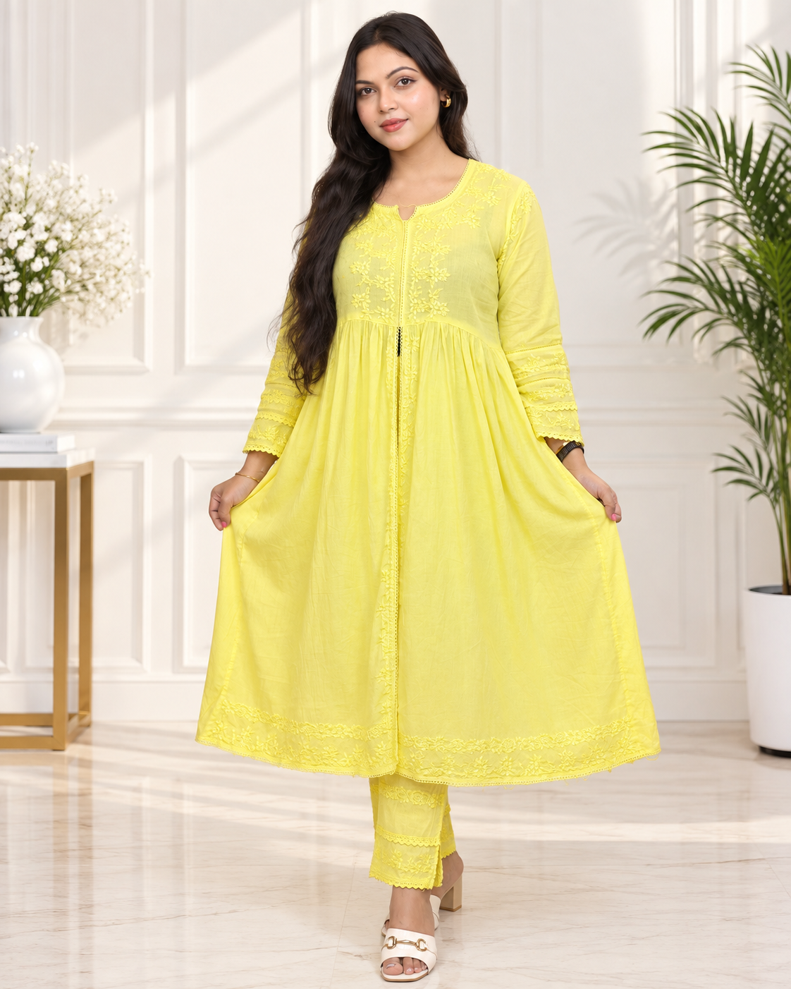 Noor-e-Lucknow - Lime Flowy Embroidered Chikankari Anarkali Set