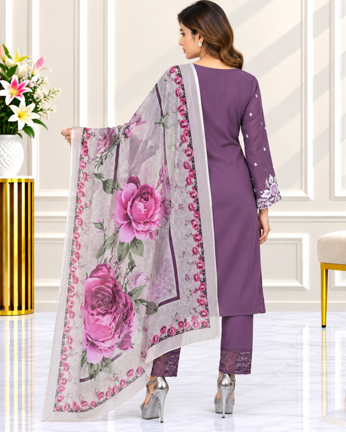 Zahra-E-Noor : Threadwork Embroidered 3-Piece Suit