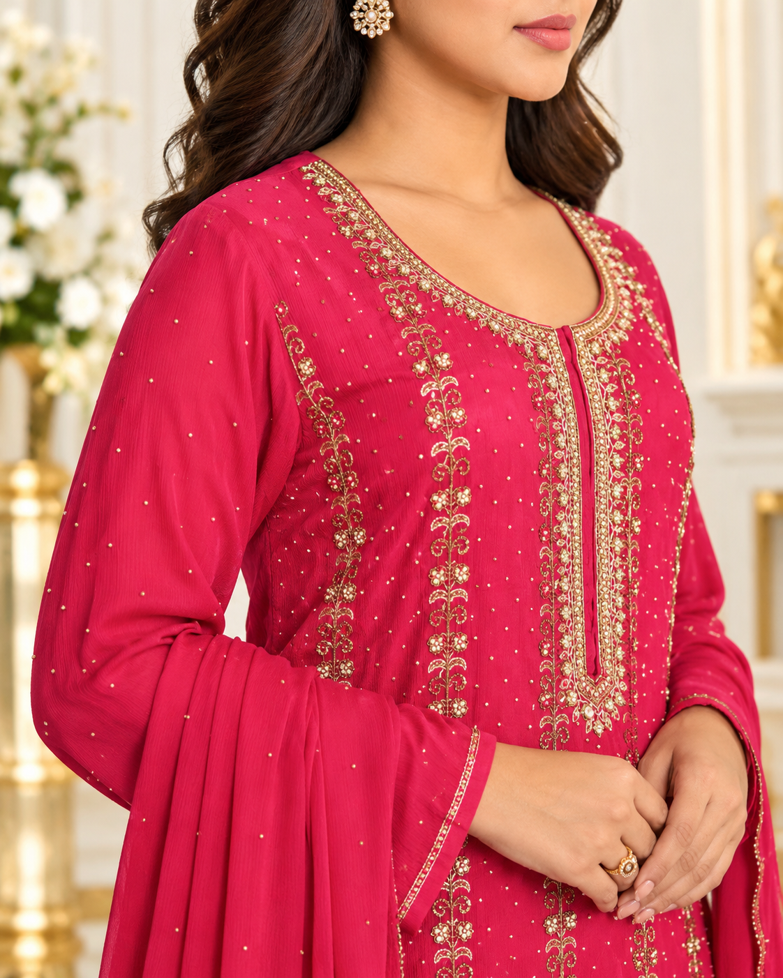 Noor-e-Mehfil - Gold - Pink Embroidered Kurta Sharara Suit