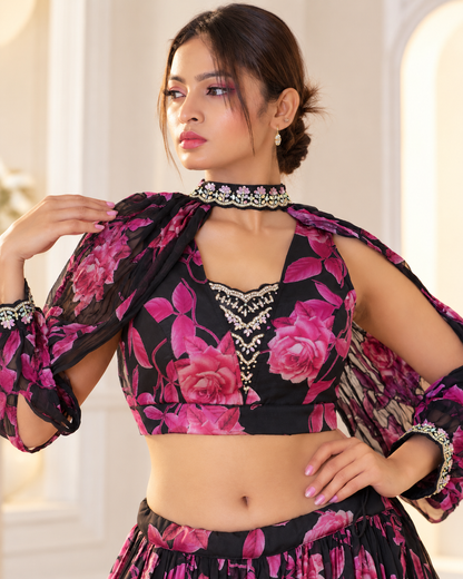 Raqs-e-Noor - Floral Printed Lehenga Set with Cape Sleeves