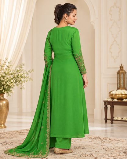 Zahra-E-Noor : Emerald Green Embroidered Anarkali Suit Set