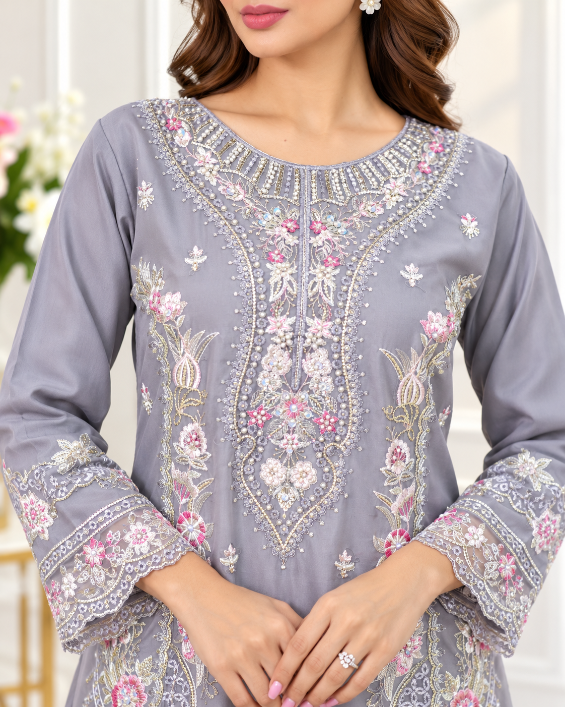 Zahra-E-Noor - Grey Embroidered Pakistani Suit Set