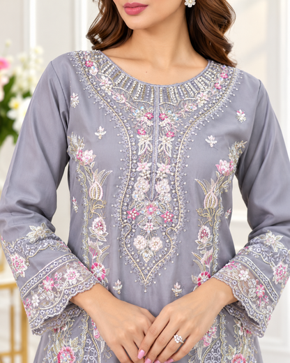 Zahra-E-Noor - Grey Embroidered Pakistani Suit Set