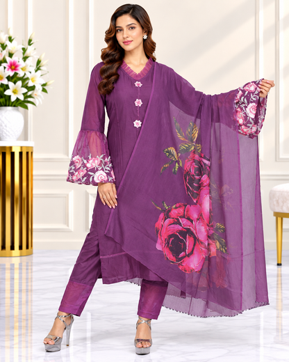 Zahra -E-Noor : Magenta Rose Bloom Suit with Floral Print Dupatta