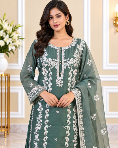 Zahra-E-Noor - Silver Embroidered Suit with Printed Dupatta