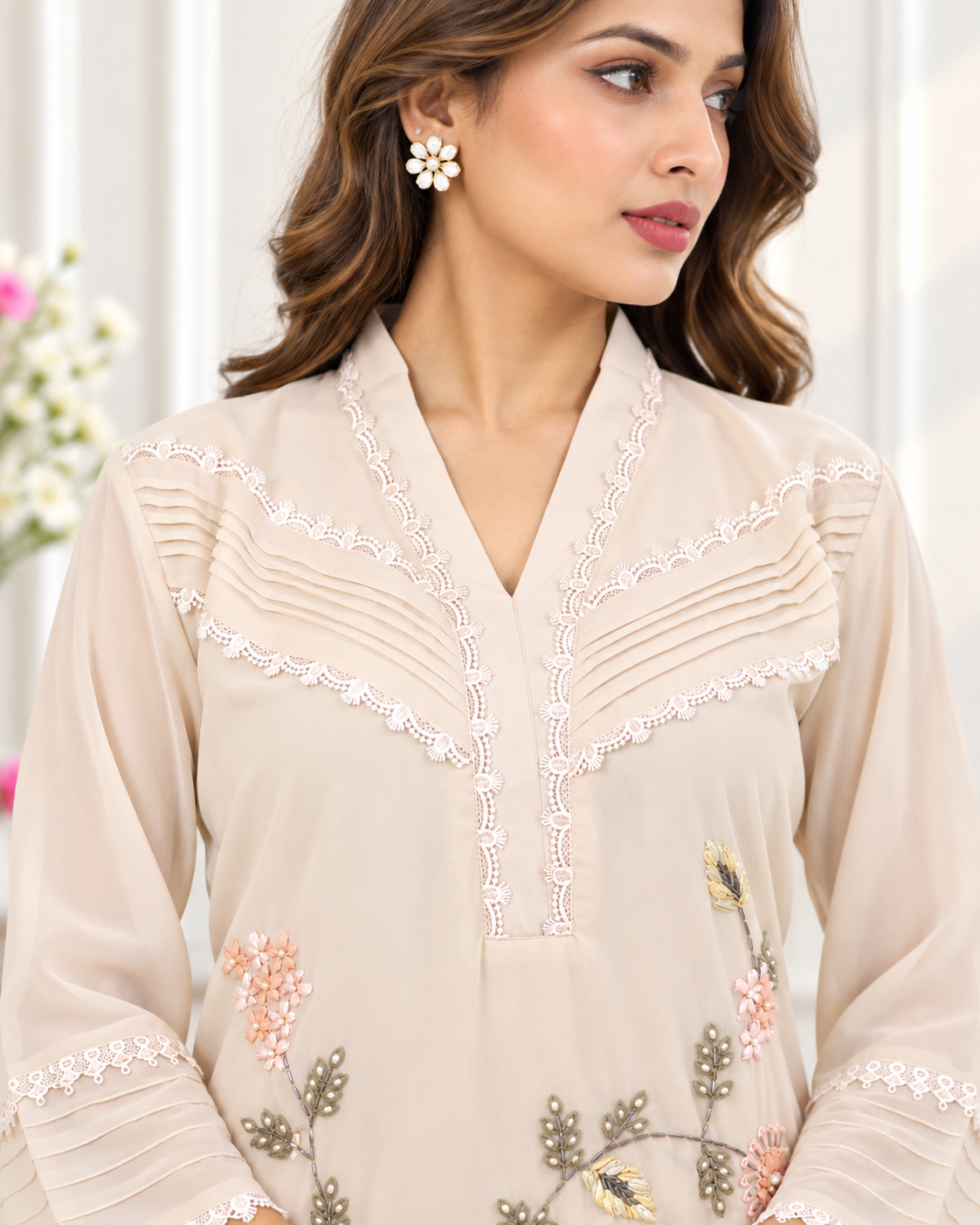 Zahra-E-Noor - Flower Embroided Collar Neck Siot