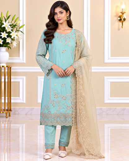 Zahra-E-Noor : Turquoise Ornate Embroidered Pakistani Suit