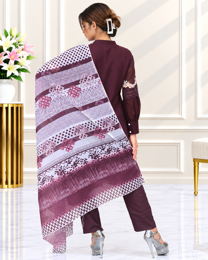 Zahra-E-Noor : Embroidered Suit with Printed Dupatta
