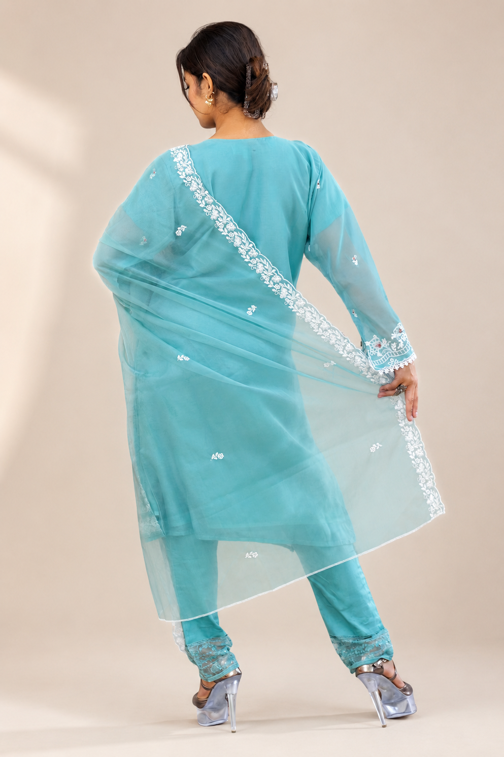 Aqua Chikankari Pearl-Embroidered Suit