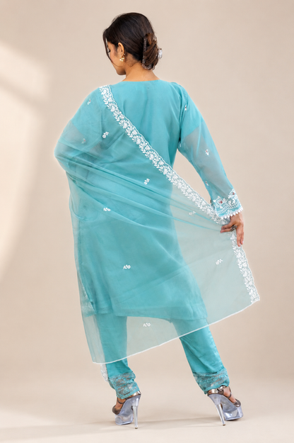 Aqua Chikankari Pearl-Embroidered Suit