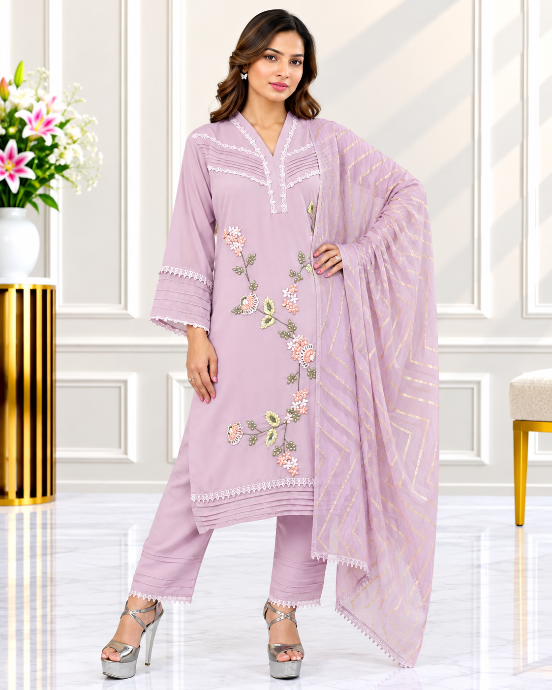 Zahra-E-Noor - Flower Embroided Collar Neck Siot